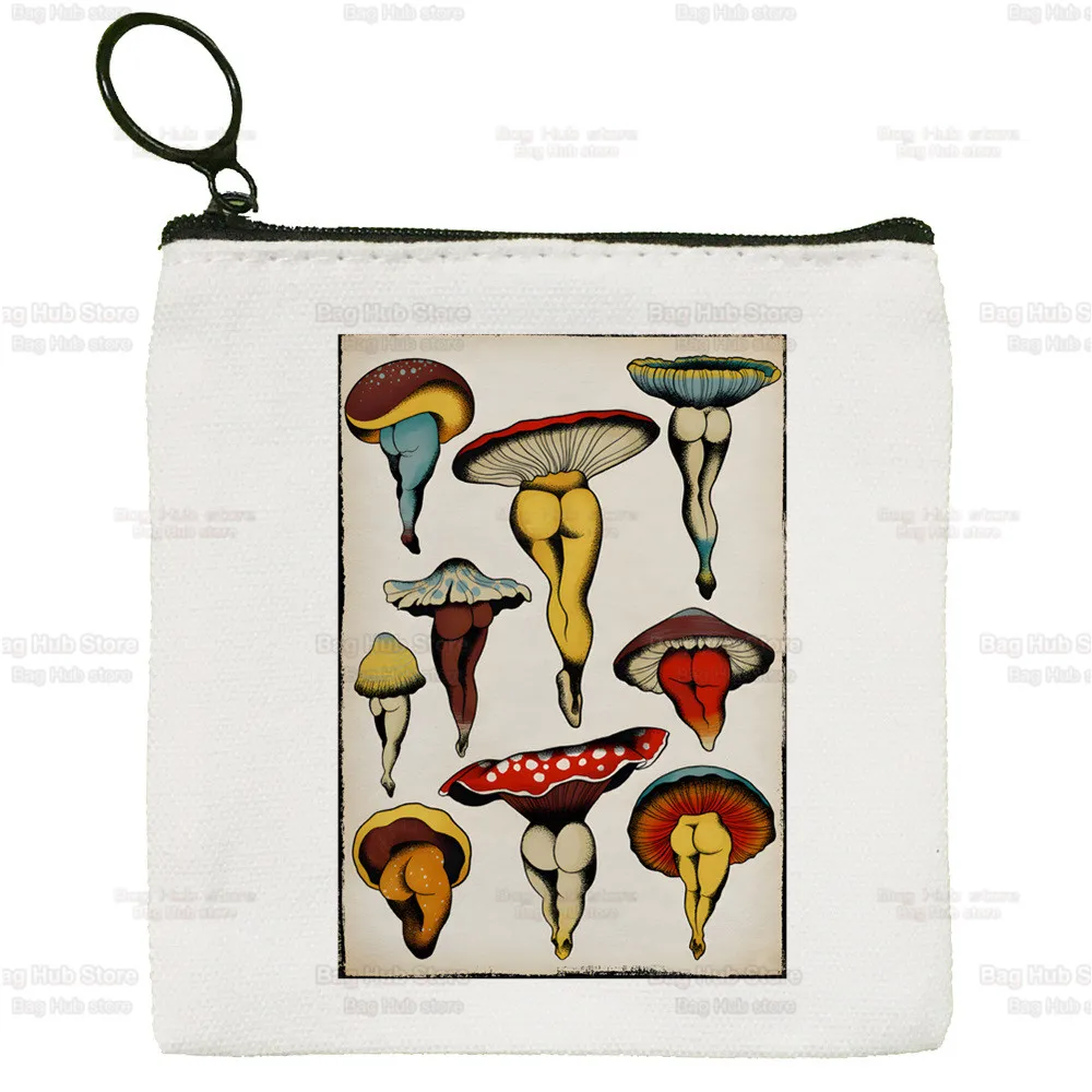 Mushroom Kawaii Simple Coin Purse Female Student Canvas Ulzzang Grunge Cute Key Bag Graphic Aesthetic Mini Clutch Small Purse