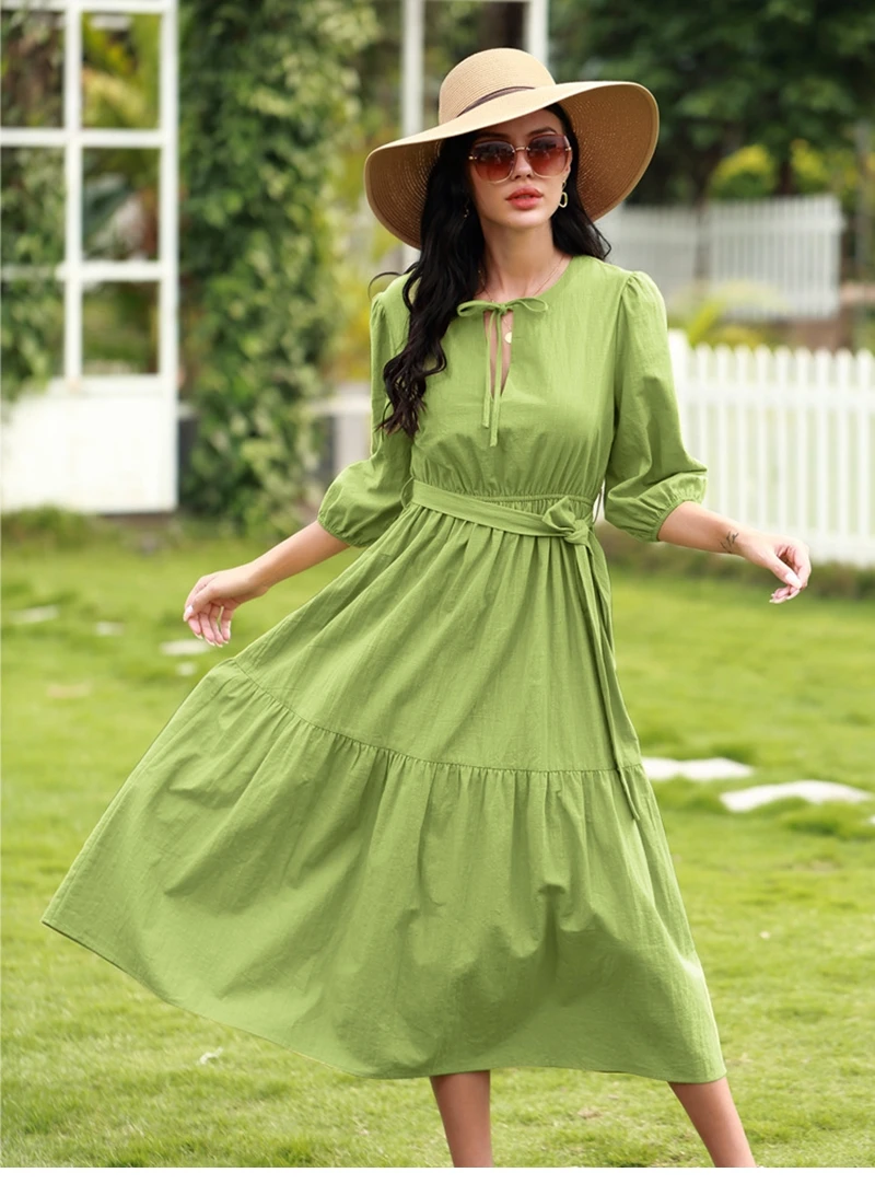 

Женское Повседневное платье с V-образным вырезом, длинное однотонное элегантное платье с коротким рукавом, лето