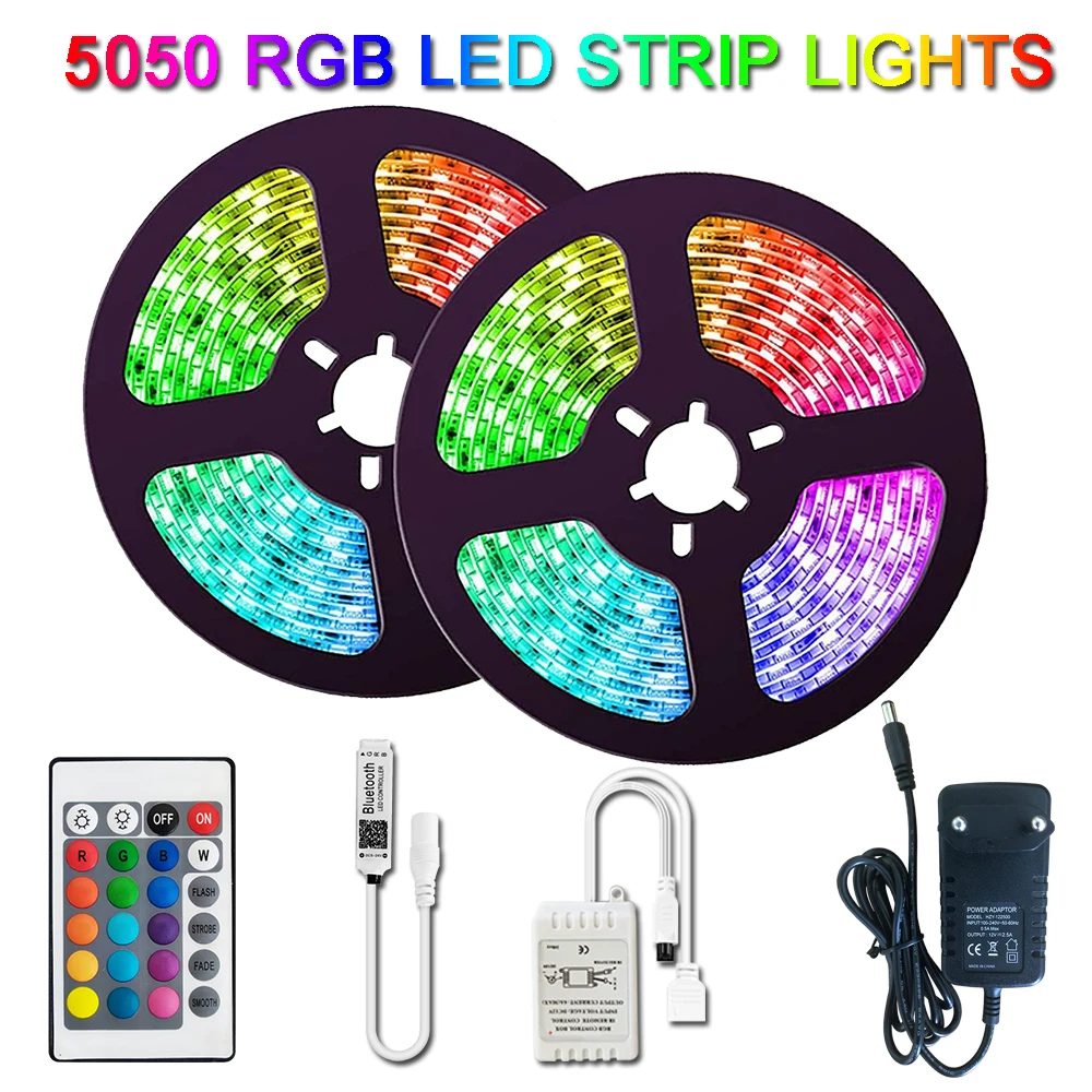 

SMD 5M-30M Bluetooth LED Strip 5050 IP20 RGB Strip LED Light Flexible Ribbon Stripe DC 12V RGB Diode Tape IR Controller Adapter