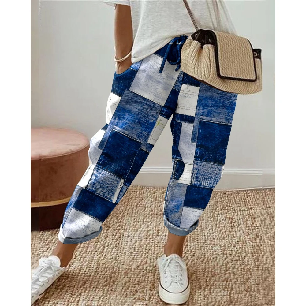 

2023 Fashion Denim Look Print High Waist Cuffed Work Pocket Design Pants Women Casual High Waist Skinny Bottoms Office Pants