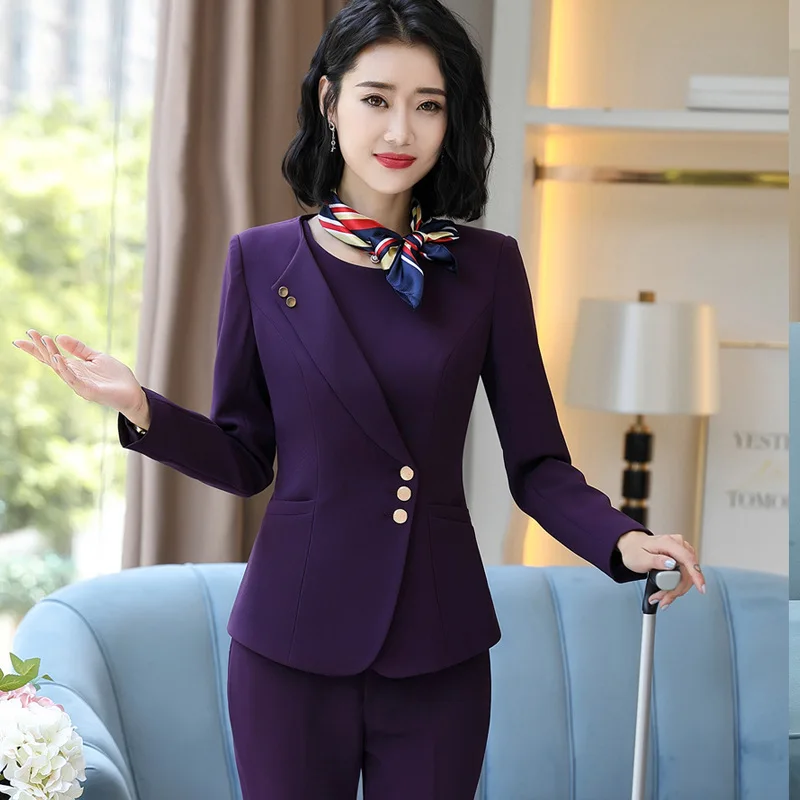 IZICFLY Autumn Winter New Style Waiter Clothes Women Blazer And Pant Suit Airline Stewardess Uniform For Work Wear Purple