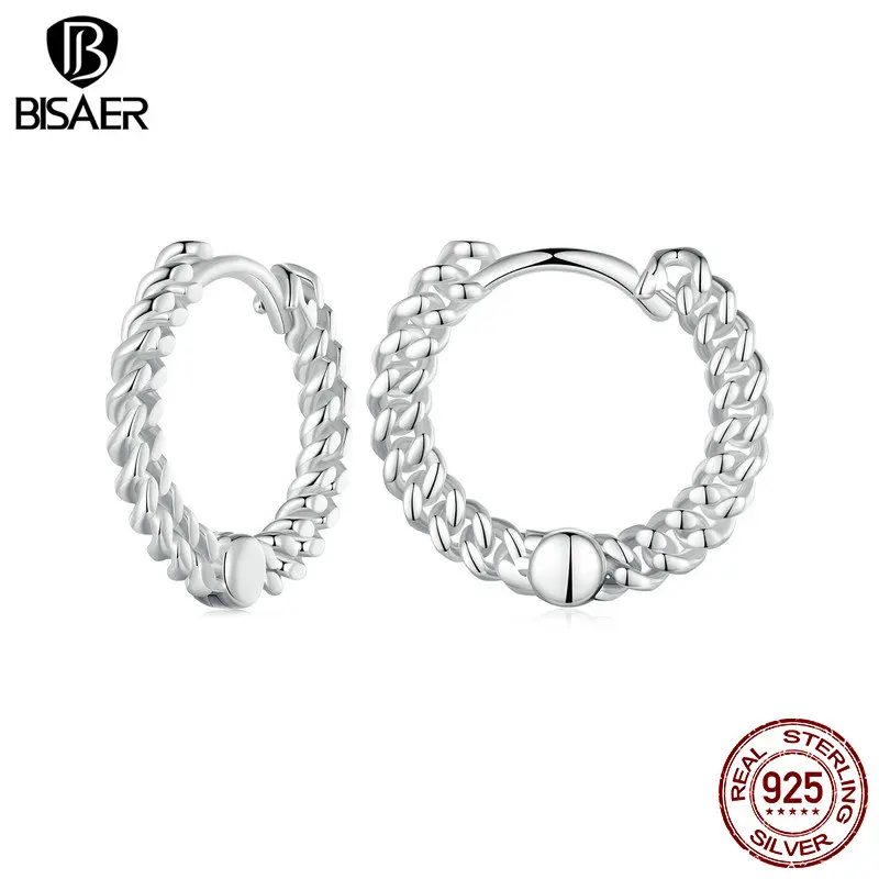 

BISAER 100% 925 Sterling Silver Chain Round Hoop Earrings Simple Plated Platinum For Unique Woman Party Original Fine Jewelry