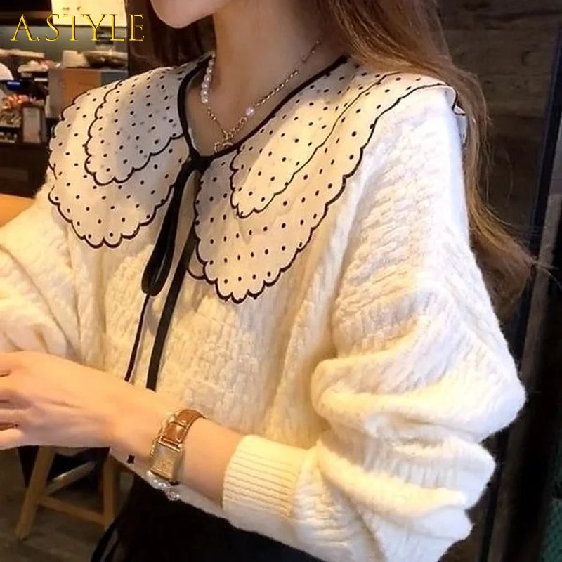 A GIRLS Pull Femme Fashion Japan Peter Pan Polka Dot Sweater Women Autumn Bow Lace Up Knit Outwear Tops Oversize White Doll
