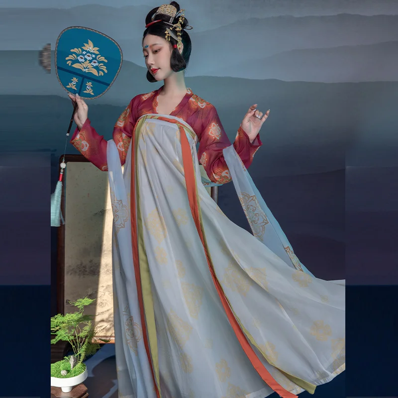 

Китайская традиционная одежда ханьфу с юбкой на подоле 4,5 метров Династия Тан, комплект из 3 предметов для ежегодного собрания, танцевальный костюм и повседневная одежда