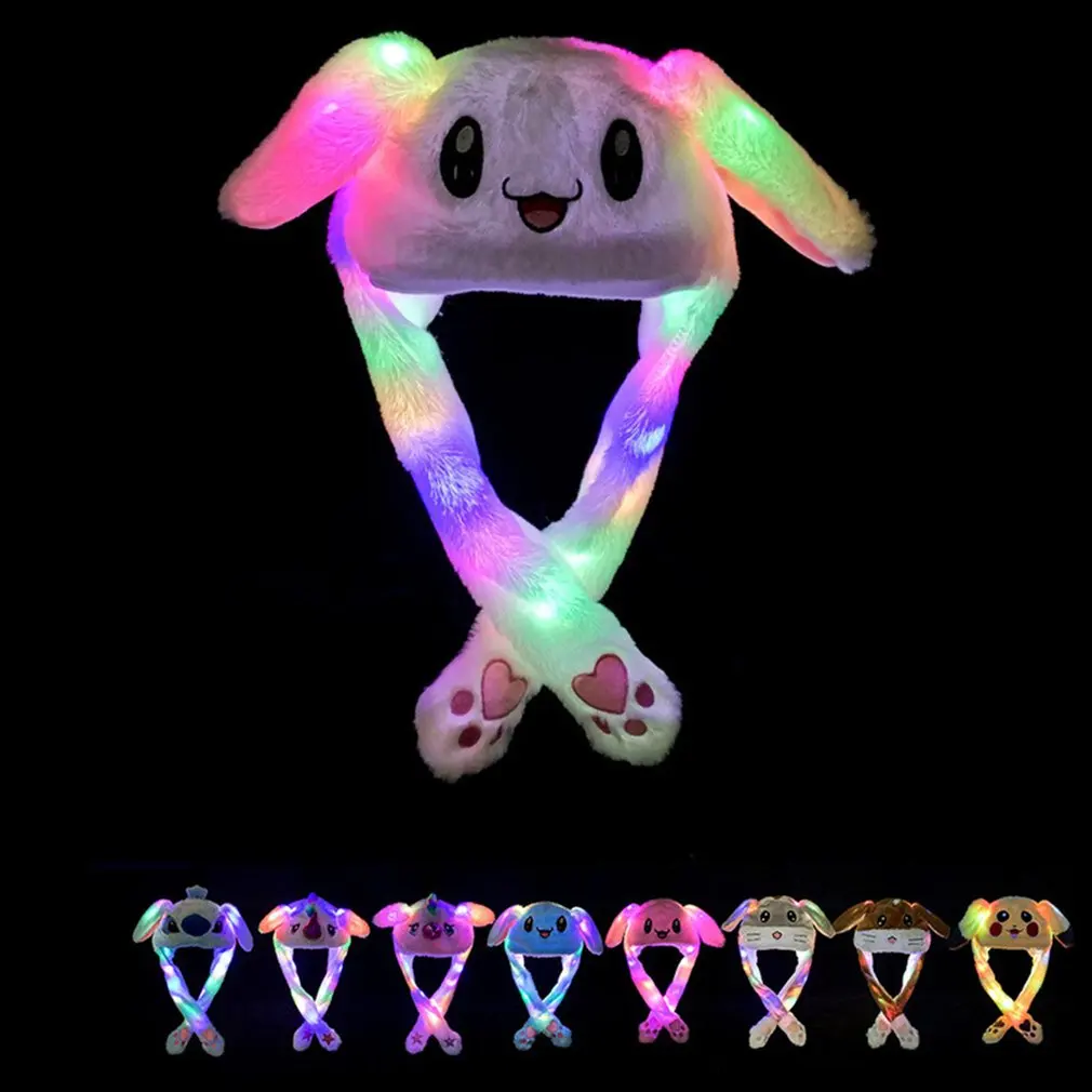 Glowing Cute Bunny Ears Hat Jumping Rabbit Hat Funny Glowing Ear Moving Bunny Hat Cartoon Kawaii Plush Hat Toys Gift for  K