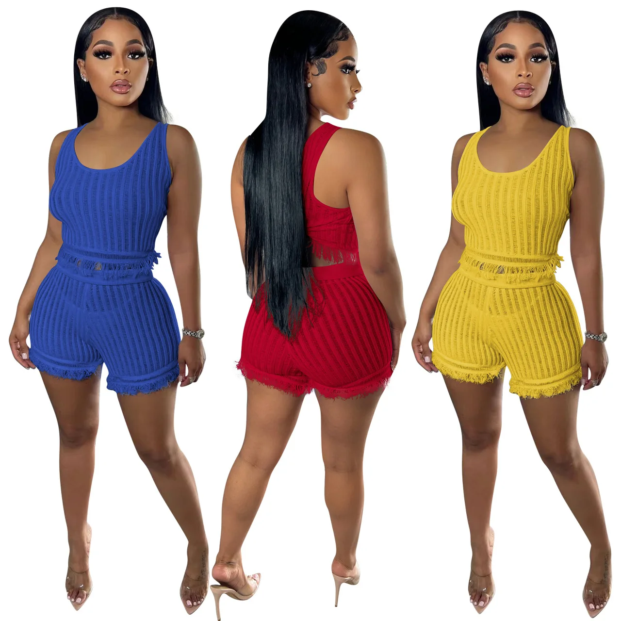 

Tassel Knitting Women 2 Piece Set Sleeveless Tank Top Skinny Shorts Matching Set 2023 Summer Sexy Night Club Party Tracksuits