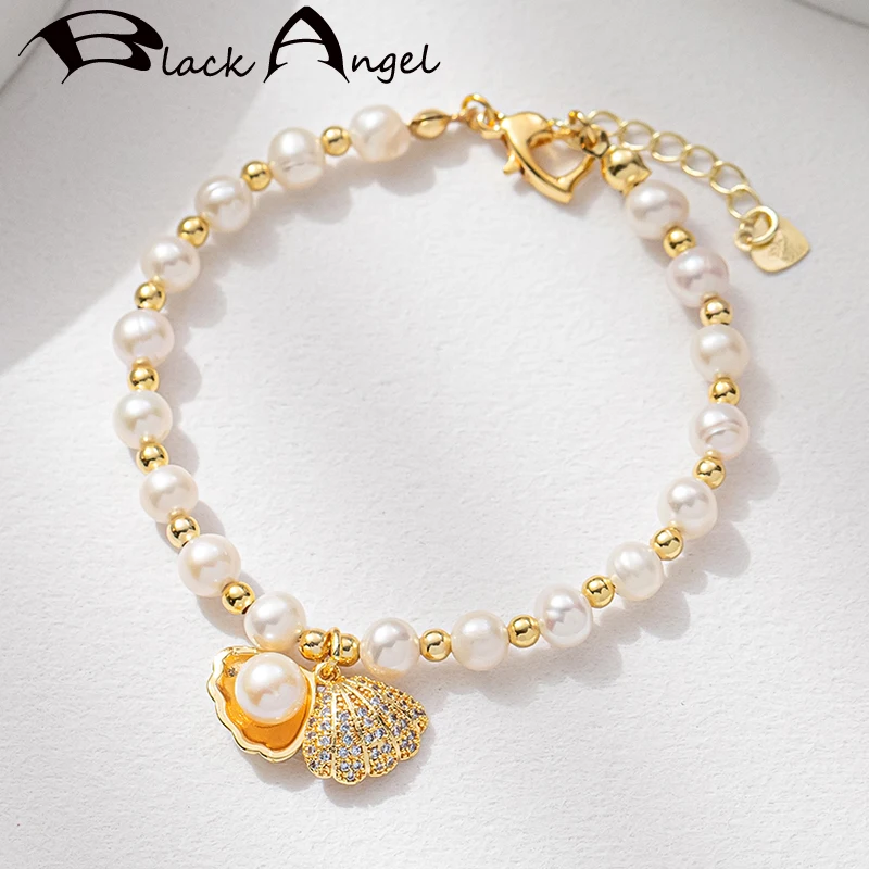 

BLACK ANGEL New Natural Freshwater Pearl Bracelet for Women Lovely Shell Charms Bracelet with Love Buckle Wedding Jewelry Gift