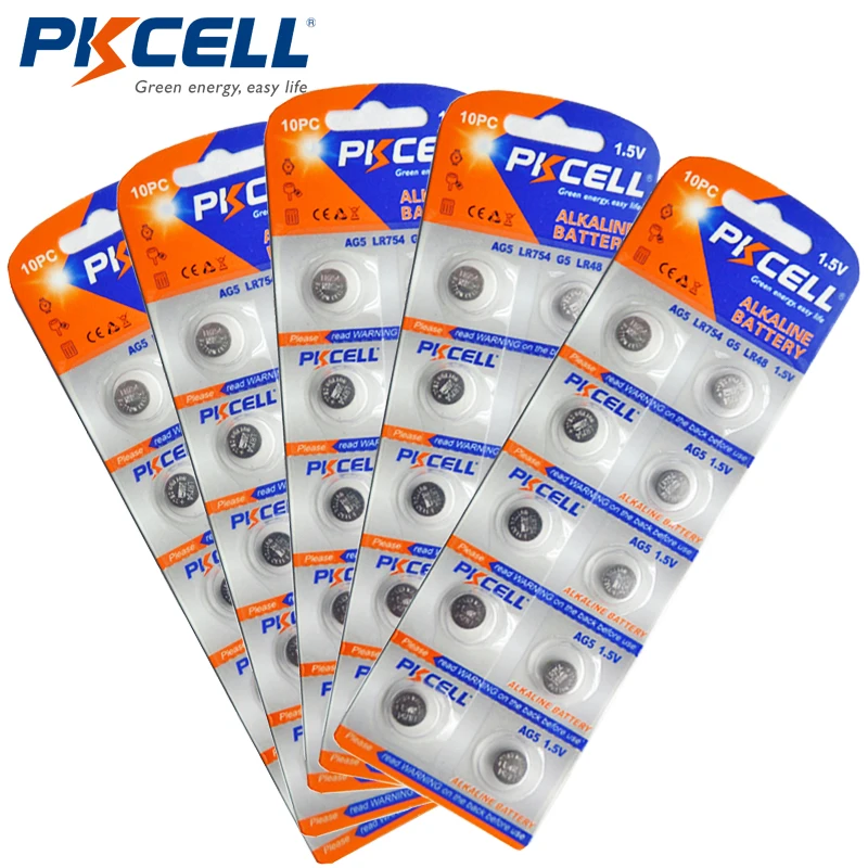 

50 щелочных батарей PKCELL AG5 LR48/193/754 1,5 в 60 мАч, кнопочные батарейки