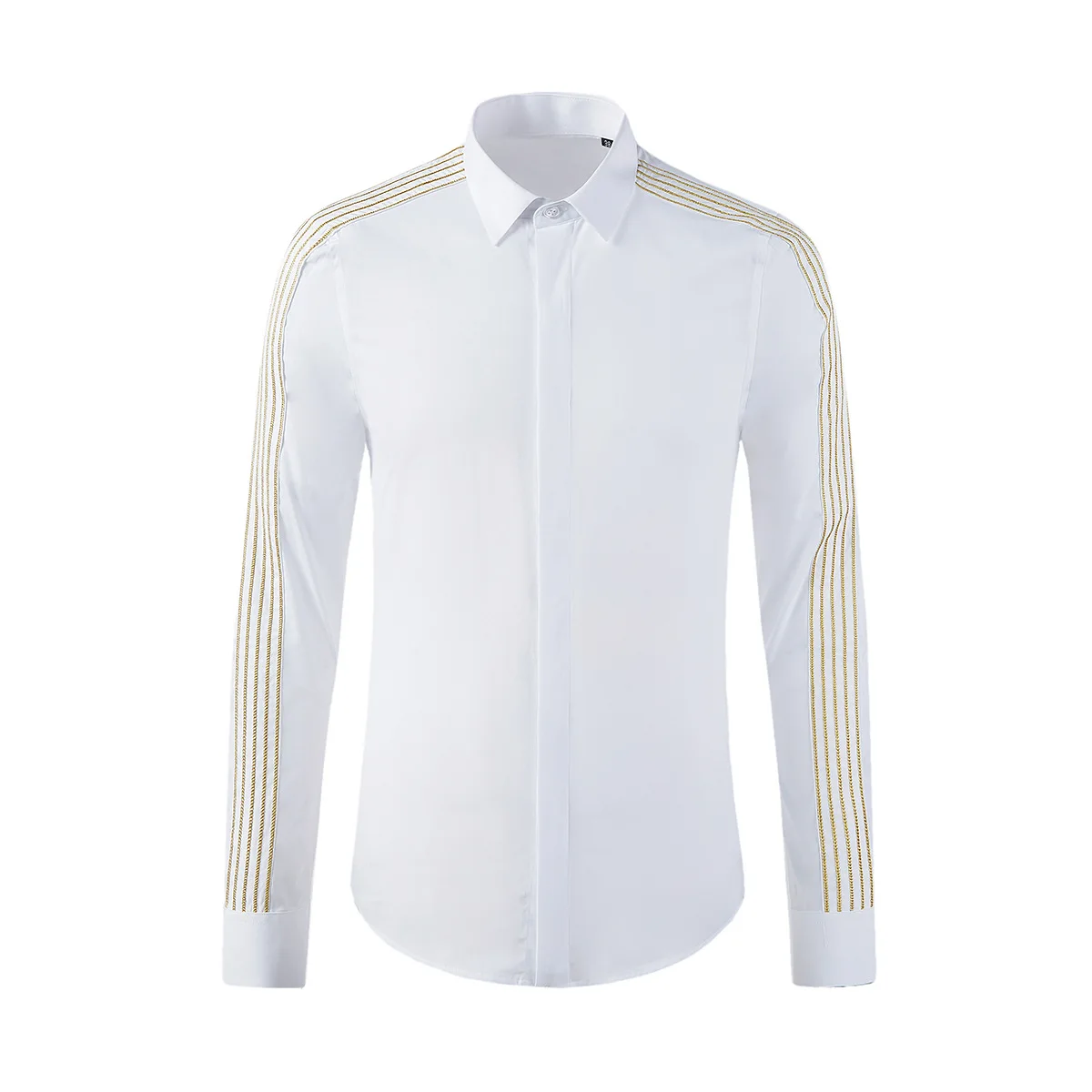 

New Arrival High Quality Fashion Shoulder Sleeve Gold Chain Embroidered Men Casual Long Sleeve Shirts Plus Size M L XL 2XL 3XL