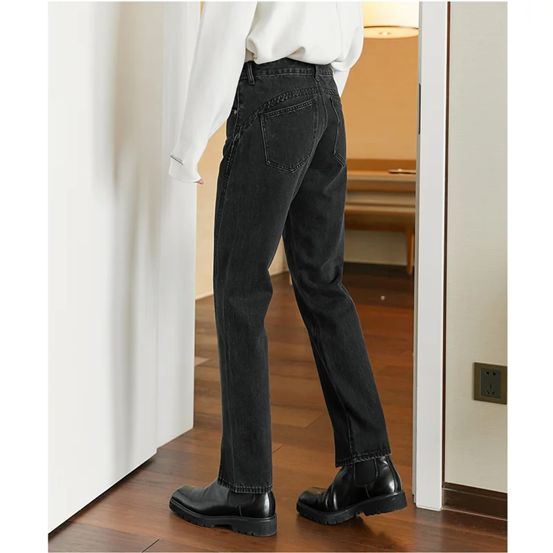 Streetwear Men 2022 Fashion New Style Vintage Recreational Black Split Fork Jeans Loose Straight Cylinder Trousers Autumn Female