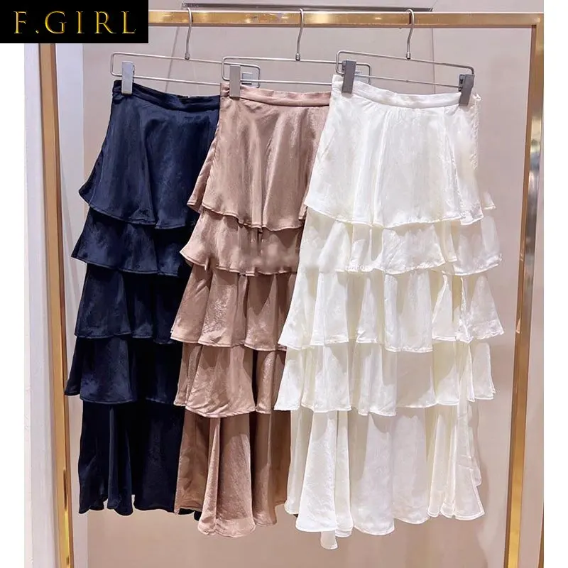 

F GIRLS Japanese 2023 Summer New Women Jupes Elegant Lady Style Mujer Faldas Solid Color Side Slit Chiffon Cake Skirts Culottes