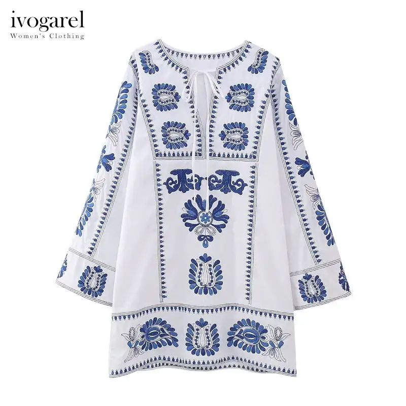 

Ivogarel Floral Embroidered Short Dress Women's Vintage Summer Mini Dress Long Full Sleeves Beaded Drawstrings Traff 2023 New