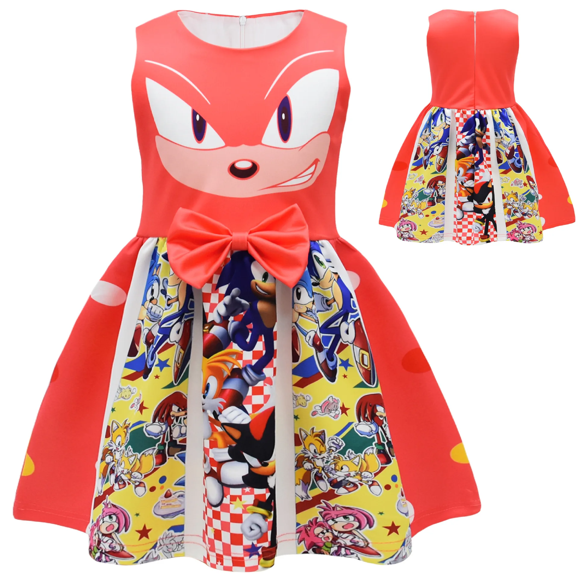 Girls Cartoon Super Sonics Cosplay Dress Blue Red Yellow Sonics Bow Sleeveless Christmas CarnivalParty Princess Dress