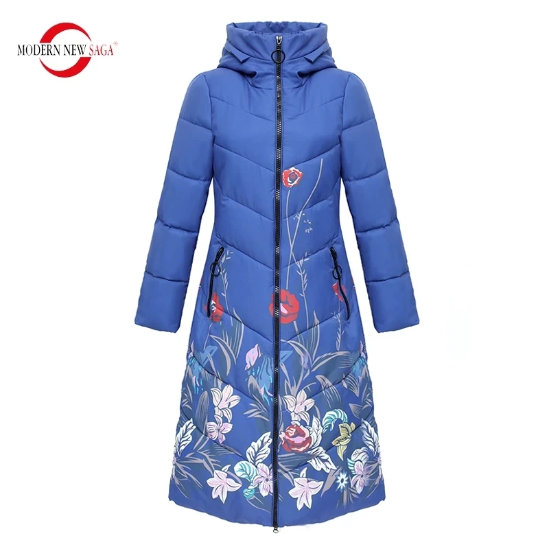 MODERN NEW SAGA Women Coat Winter Thick Quilted Coat Hooded Cotton Padded Coat Print Long Coats Parka Female Plus Size Overcoat