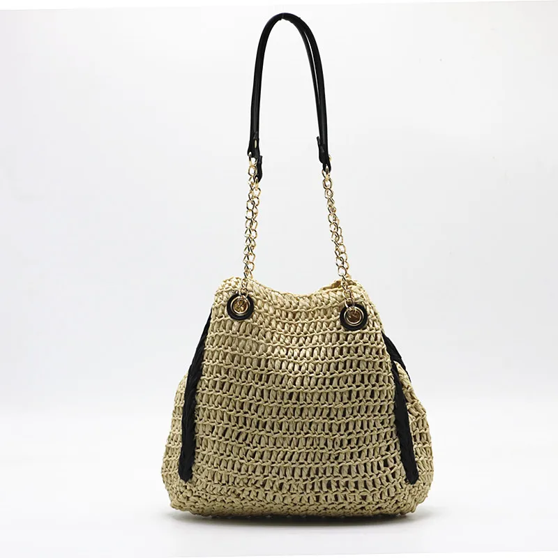 Bohemian Knitting Beach Bags for Women 2022 Hollow Woven Bag Women Straw Bags Designer Chains Rattan Shoulder Bag Bali Tote New
