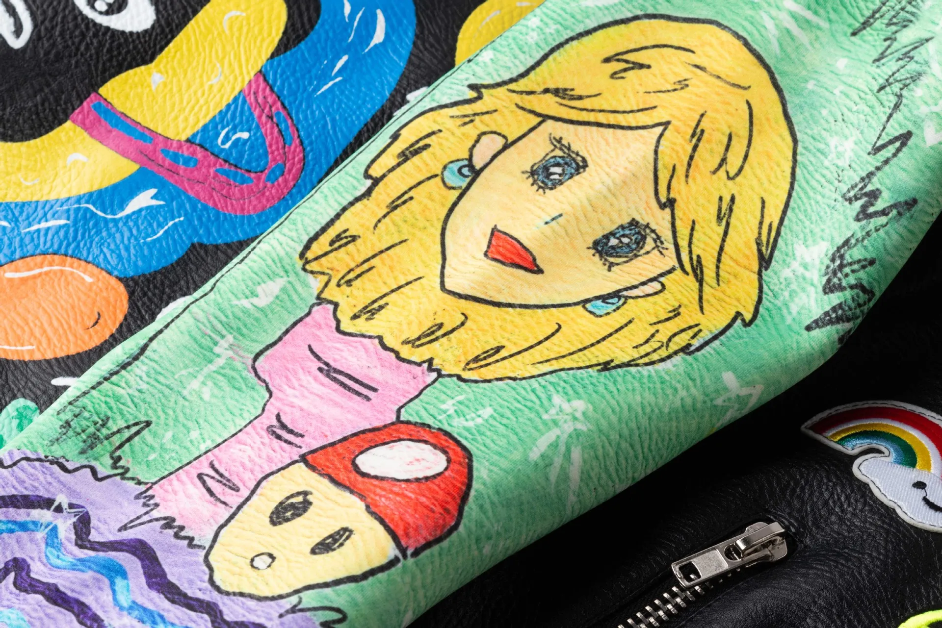 Women's spring and autumn new street rock punk pink fruit green color matching graffiti print short belt leather jacket spot