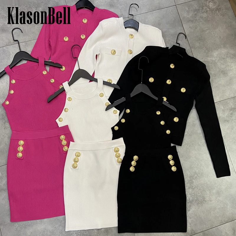 

5.12 KlasonBell Fashion Gold Button Shoulder Pads Slim Short Knitted Cardigan Or Tank Top Or Mini Skirt Set Women