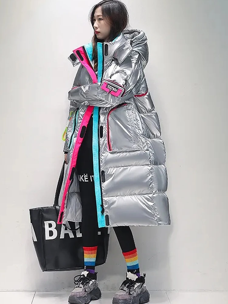 Sister Fara White Duck Down Collar Down Jacket Women Glossy Loose Hooded Down Jacket Parka Winter Female Warm Down Jacket Coat