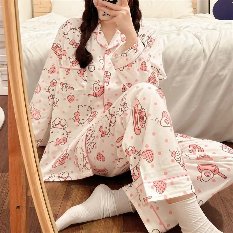 

Kt Cat Kawaii Hello Kitty Pajamas Sanrio Women Spring Autumn Long Sleeve Pajamas Cartoon Cotton Home Wear Suit My Melody