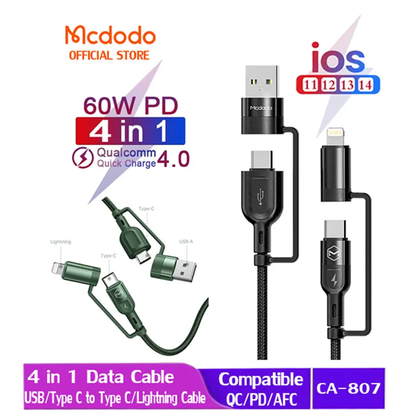 

MCDODO 4 in 1 60W PD USB/Type-C/ Lightning Fast Charging Cable Multi-Function Fast Charger For iphone 12 Huawei Xiaomi Tablets