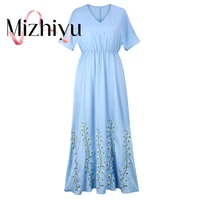 mizhiyu summer new fashion women clothing bohemian embroidery pattern short sleeved v neck sky blue elegant dress beach dress