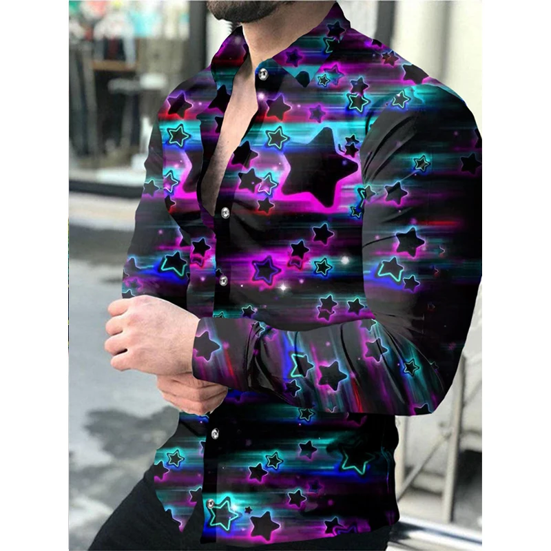 

Social Fashion Men Shirts Turn-down Collar Casual Shirt Star Print Long Sleeve Tops Men's Clothing Club Cardigan Blouses Quality