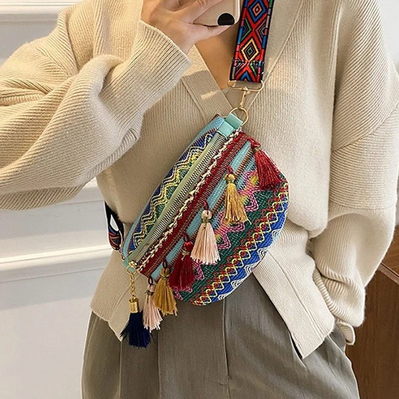 

Women Folk Style Waist Bags with Adjustable Strap Variegated Color Fanny Pack with Fringe Handbags Crossbody Bags for Women