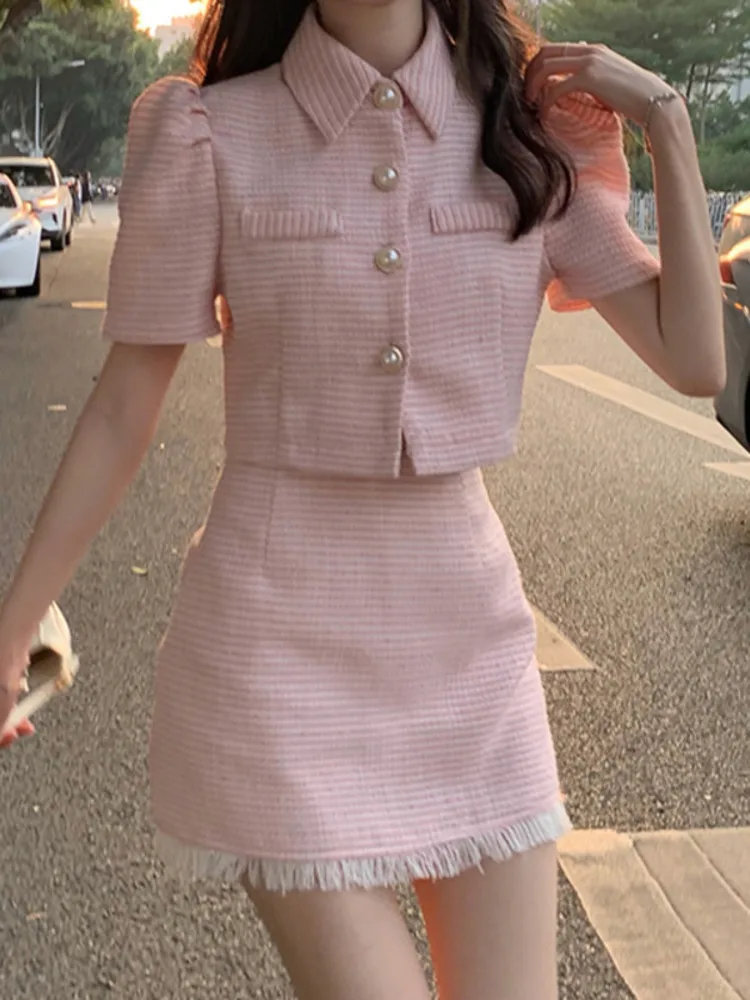 

High quality 2022 summer Tweed two Piece Set Women Crop Top Jacket Coat + Mini Skirt Sets Female 2 Piece Suits ensemble femme
