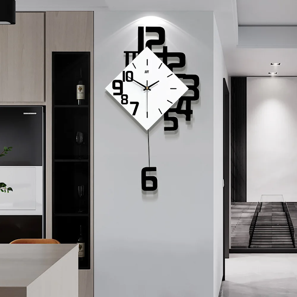 

50x84cm Black White Square Digital Pendulum Pointer Mute Clock European Living Room Wall Clocks Wooden Decorative Wall Watches