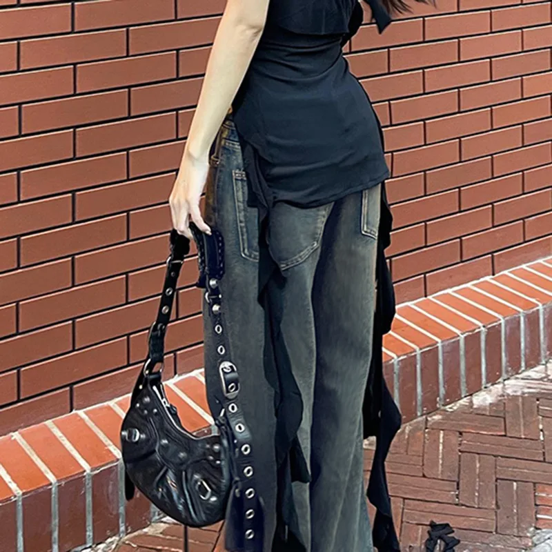 Streetwear Hip Hop Cargo Jeans Women Y2K Vintage Grunge Blue Denim Pants Oversize Retro Punk High Street Wide Leg Trousers