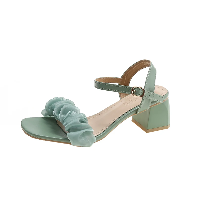 

2022 Fashion Pleated Women Sandals Square Open Toe Slippers Slip on Slides Buckle Strap Summers Beach Shoes Sandals Women 35-43
