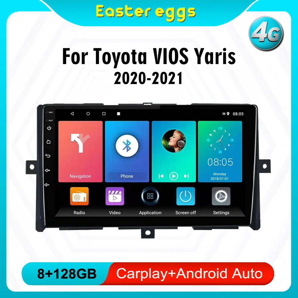 

For Toyota Vios Yaris 2020-2021 4G Carplay 2DIN 9inch Android Car Radio Multimedia System GPS Autoradio Head Unit With Frame BT