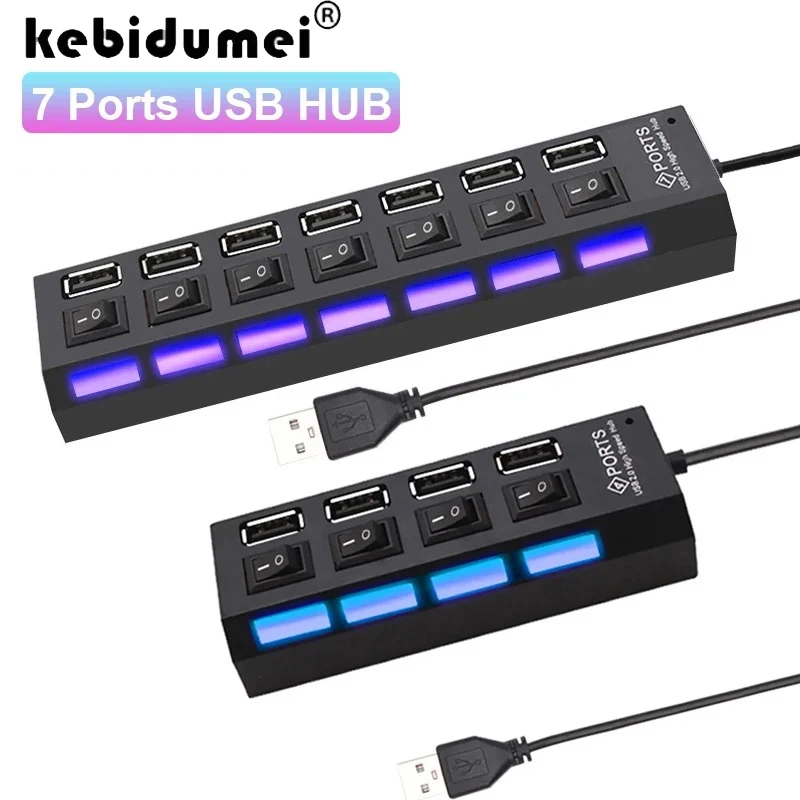 Фото 4/7-портовый USB-концентратор USB 2.0, разветвитель, многопортовый концентратор, адаптер питания, несколько концентраторов расширителей с переключателем, кабель 30 см для ноутбука №1