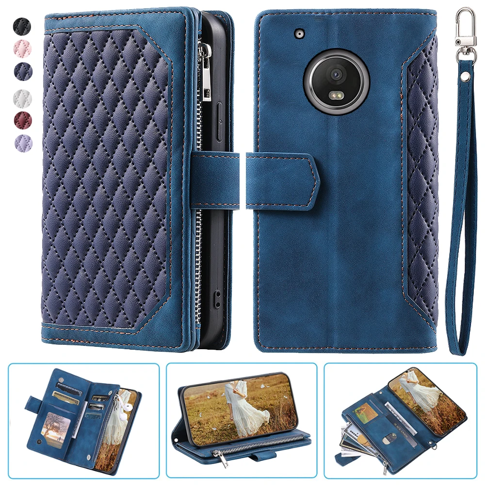 

For MOTO G5 Fashion Small Fragrance Zipper Wallet Leather Case Flip Cover Multi Card Slots Cover Folio with Wrist Strap