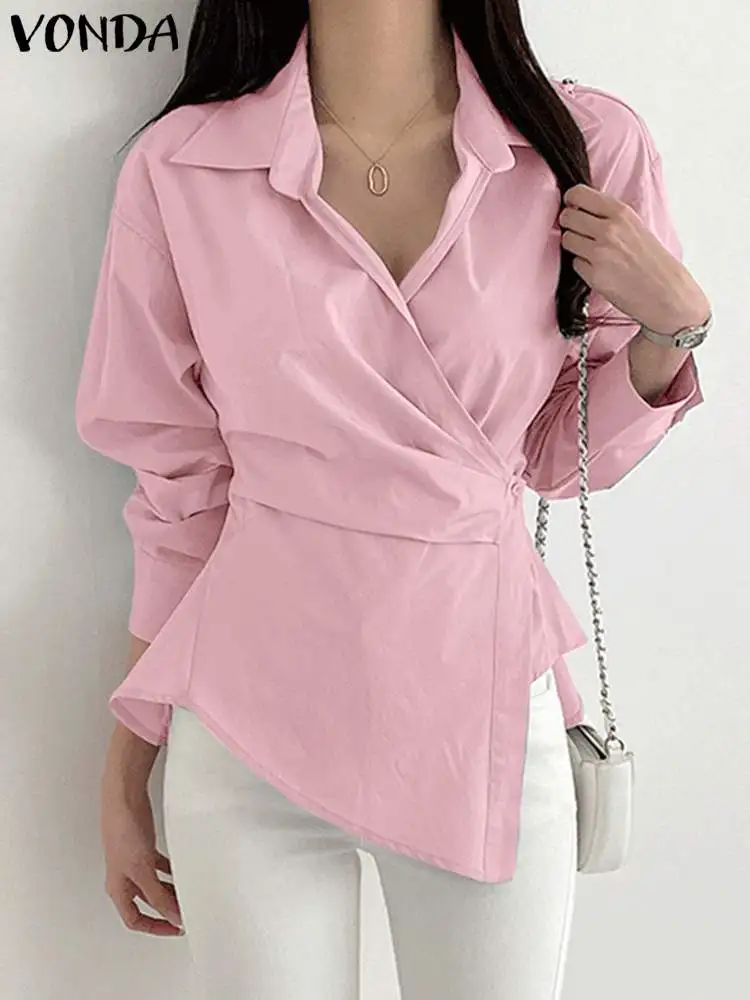 

VONDA Fashion Women Blouses Casual Long Sleeve Tops Solid Color Asymmetrical Tunic Shirts 2023 Summer Bandage Buttons Blusas