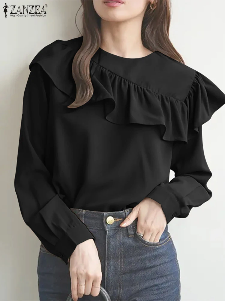 

2023 ZANZEA Elegant Ruffles Shirt Spring Solid Flounce Hem Work Blusas Holiday OL Tops Mujer Fashion Women Long Sleeve Blouse