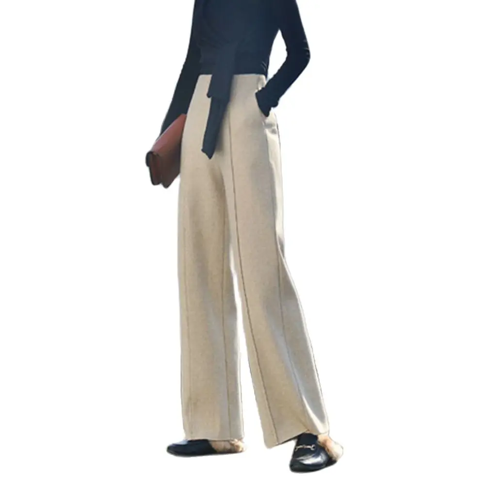 

Womens Winter Warm Wide Leg Thicken Loose Pants Office Straight High Waist Soft Suit Trousers S 3XL Khaki Milky White
