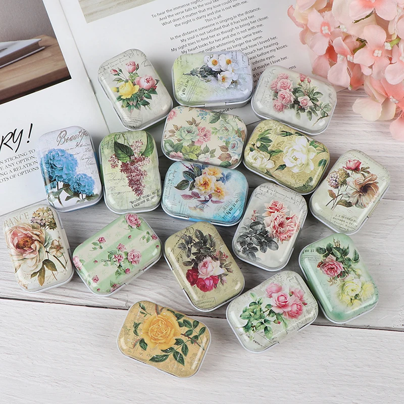 

Mini Flower Tin Trinket Jewelry Coin Box Tinplate Storage Case Small Rectangular
