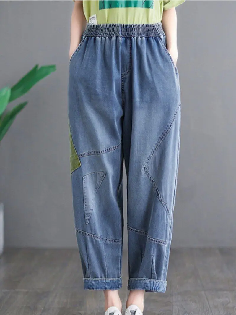 

Тонкие джинсы женские летние свободные джинсовые шаровары подходящие ко всему винтажные брюки оверсайз с эластичным поясом 2022