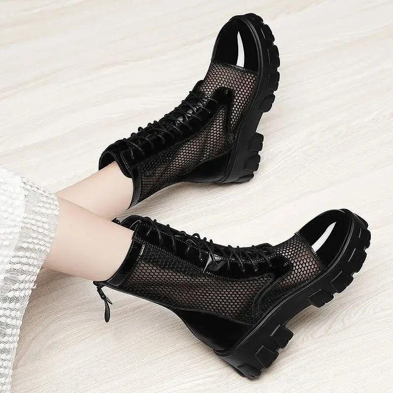 

New Summer Platform Ankle Boots For Women Black White Mesh Breathable Sandals Casual Shoes Woman Zip Thick Bottom Booties