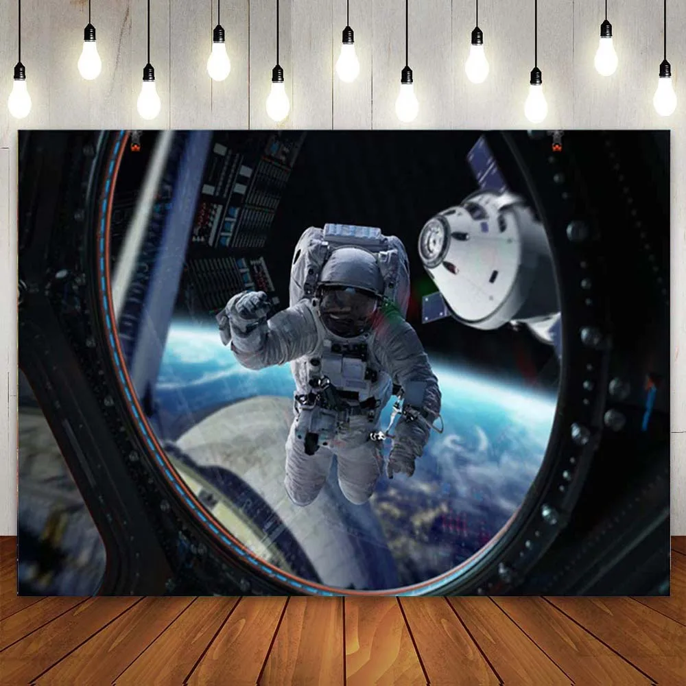 

Astronaut Working Photography Backdrop Party Banner Space Station Universe Explore Spacecraft Background Portrait PhotoShoot