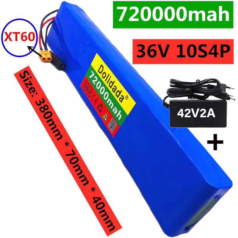 

XT60 36V 10S4P 72Ah 600W High power capacity 18650 lithium battery pack ebike electric car bicycle motor scooter 20A BMS+charger