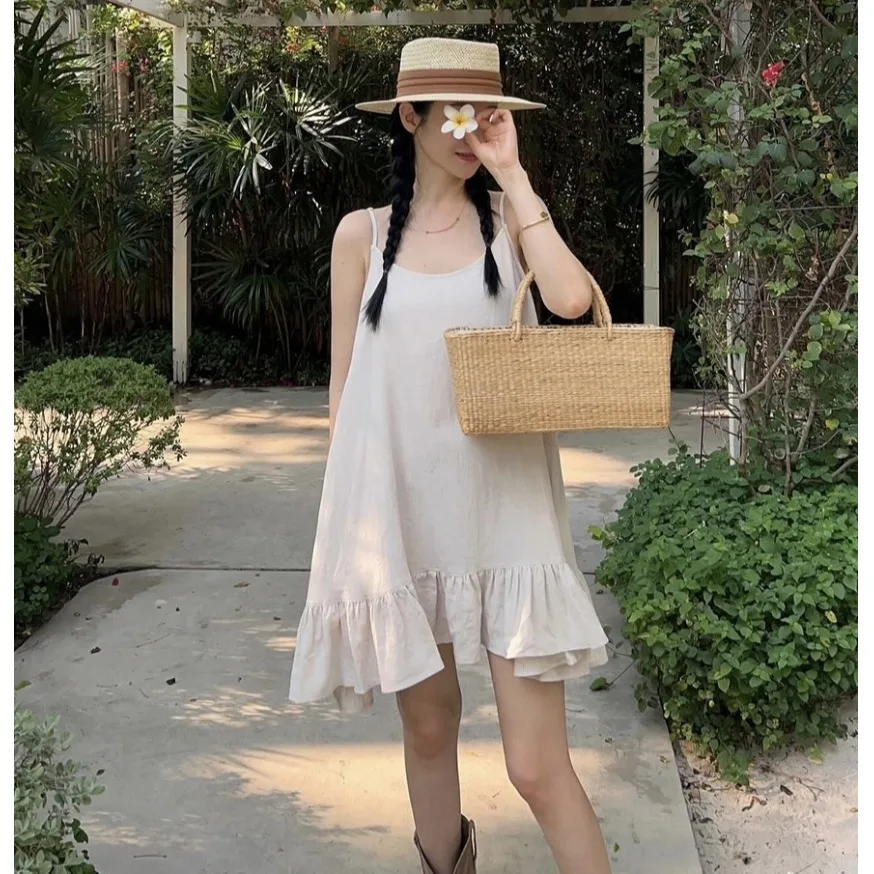 Свободное платье на бретельках во французском стиле свободное короткое в