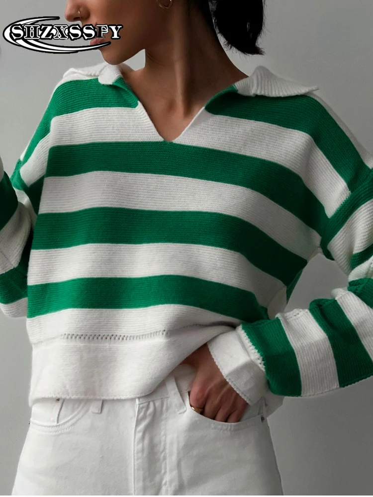 

Knitted Sweater Lazy Wind Stripe Loose Pullover Spring and Autumn Thin Section Long Sleeve Top V-Neck Design Sense Crop Sweater