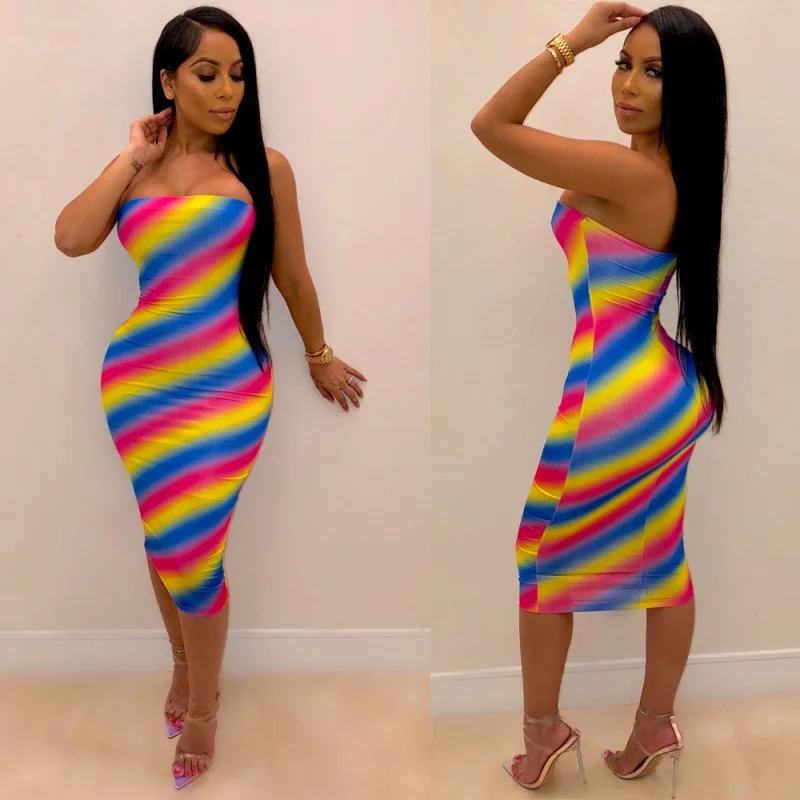 

2019Cross-Border Women's Clothing Amazon Hot European and American Color Striped Chest Wrap Slim Fit Nightclub dressS1094