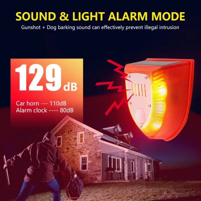 

Solar Powered Infrared Motion Sensor Detector Siren Strobe Alarm System Waterproof 129dB Loud For Home Yard Outdoor Security