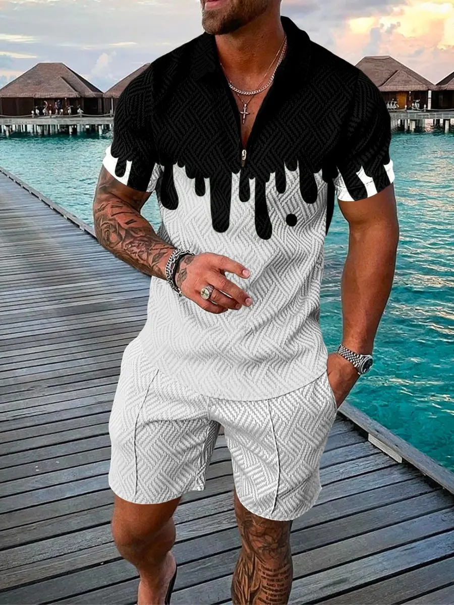 Summer Men's Polo Shirt Luxur Short Sleeve 2 Piece Outfits Street Jogger Clothing Casual Male Tracksuit Hawaiian Short Pant Set