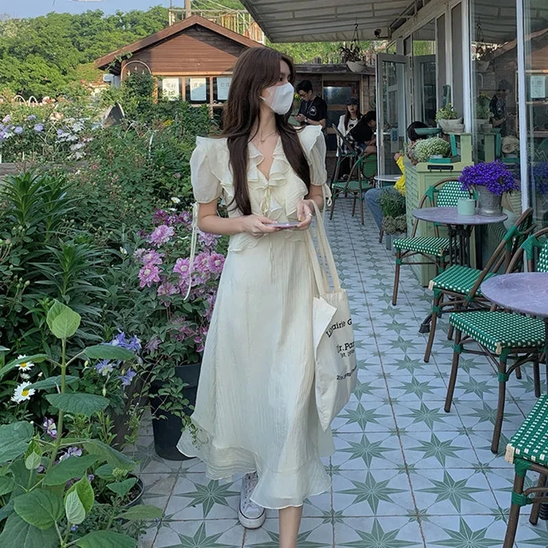 

Elegant Sweet Mixi Midi Dress Summer Women High Waist Korean Japanese Fashion Type Short Sleeve Fairy Princess Long Dresses 2023