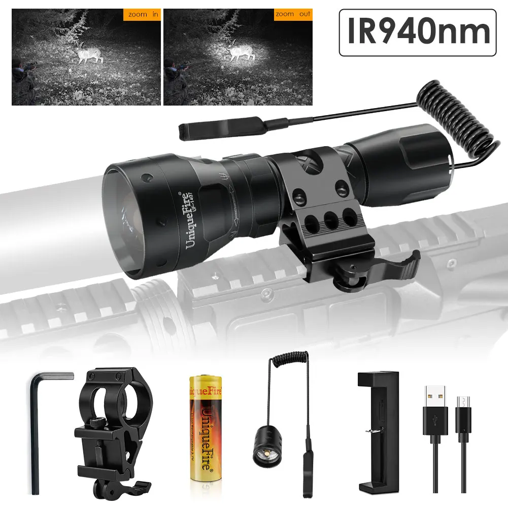 

UniqueFire 1407 IR 940NM LED Flashlight Night Vision Infrared Light 3 Mode Torch with USB Charger+Remote Switch and Scope Mount