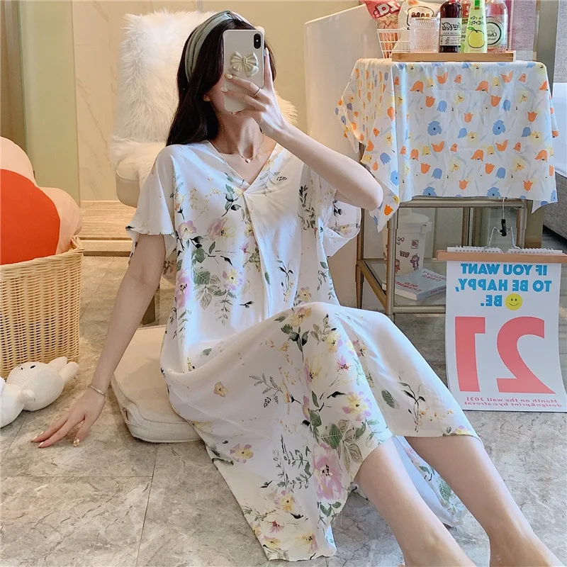Cotton Silk Nightdress Ladies Summer New Short-sleeved Cartoon Printing Pajamas Korean Version Loose Home Service